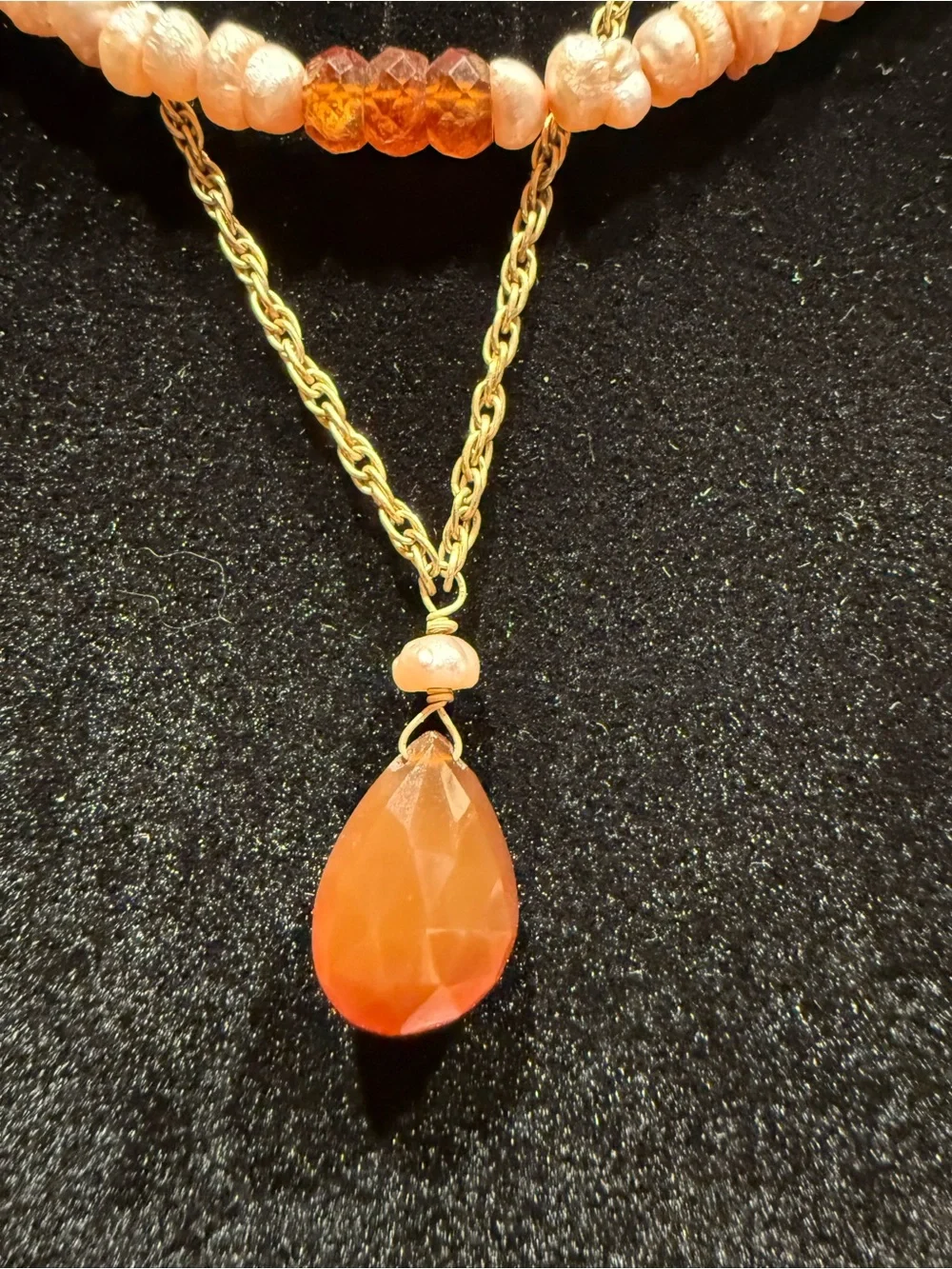 Layered Freshwater Pearl Gold Chain Necklace Amber Teardrop Pendant